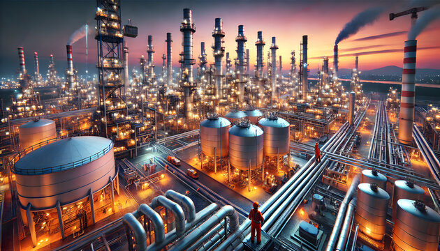 A hyperrealistic image of a hydrocarbon energy production scene. It features an oil refinery with tall chimneys emitting minimal smoke