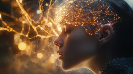 Woman With Golden Lights in Hair, Abstract Portrait, Mystical