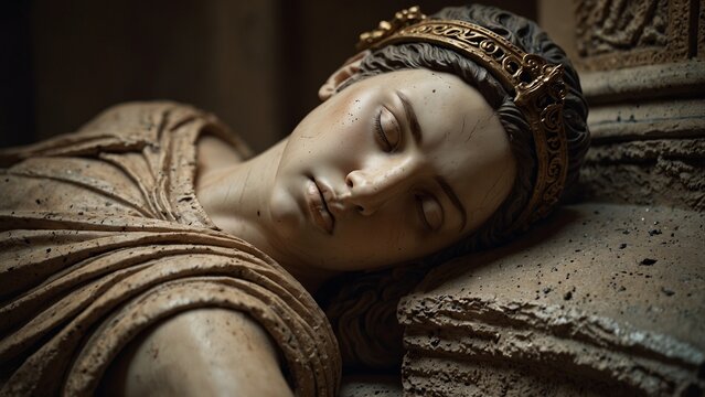 A tragic statue of Cassandra, the doomed prophetess, her face filled with sorrow and frustration as she foresees the fall of Troy.