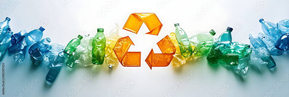 Poster conceptual image of a recycle symbol formed with crushed transparent plastic bottles highlighting ec