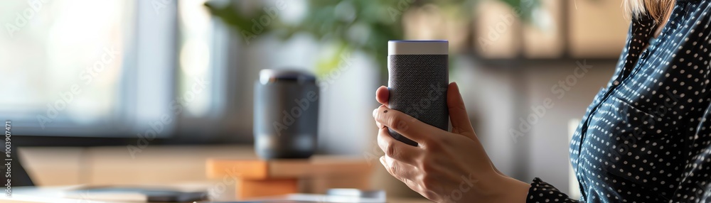 Poster a user interacting with a voice assistant on a smartphone
