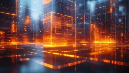 Fototapeta premium Commercial building design with glowing holographic signage and sleek digital architecture Futuristic Hologram High Detail