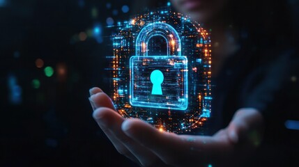 Defend customer data with a padlock hologram in the background