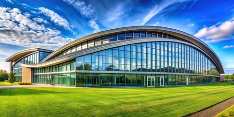 Fototapeta premium Large building with curved roof and windows, grassy area below