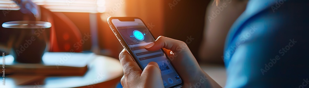 Poster a user interacting with a voice assistant on a smartphone
