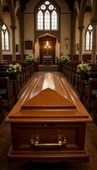Wooden casket in solemn atmosphere with mourners' chairs and flowers in a church hall