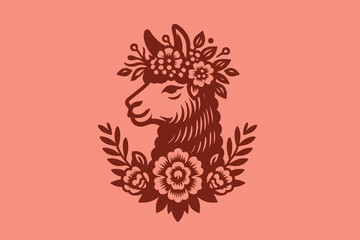 Beautiful llama in a flower wreath. Simple vector illustration in pink and red colors. Emblem, logo, print © Victoria