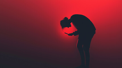 Against a striking red background, a woman leans forward, engrossed in his cell phone. The person's stooping over the device shows the essence of modernity