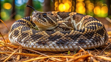 Fototapeta premium Large Eastern Diamondback rattlesnake in pine needles