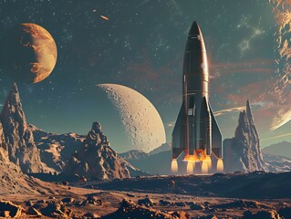 Obraz premium Space Rocket Blasting Off in Futuristic Alien Landscape with Planets and Moons