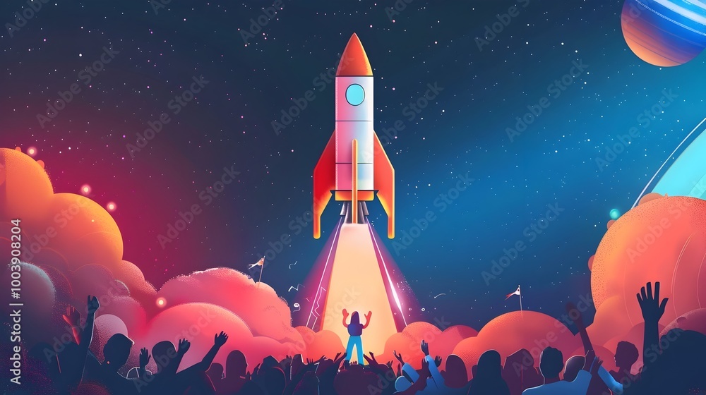 Poster thrilling rocket launch captivates cheering crowds and media at space event