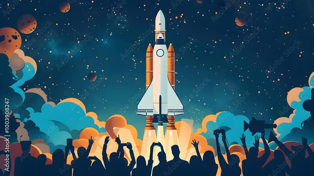 Poster exhilarating space rocket launch surrounded by enthusiastic crowds and media coverage