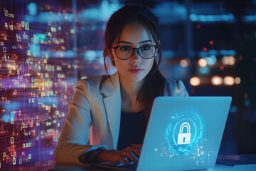 Businesswoman working on laptop with a padlock hologram background