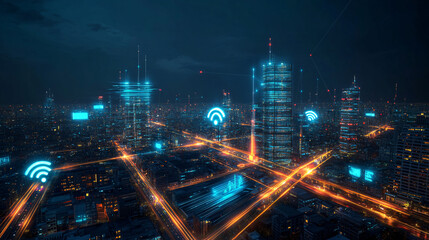 Futuristic Smart City Night Lights and Wi-Fi Signals