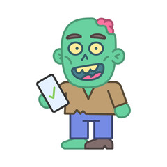 Zombie holds smartphone and smiles
