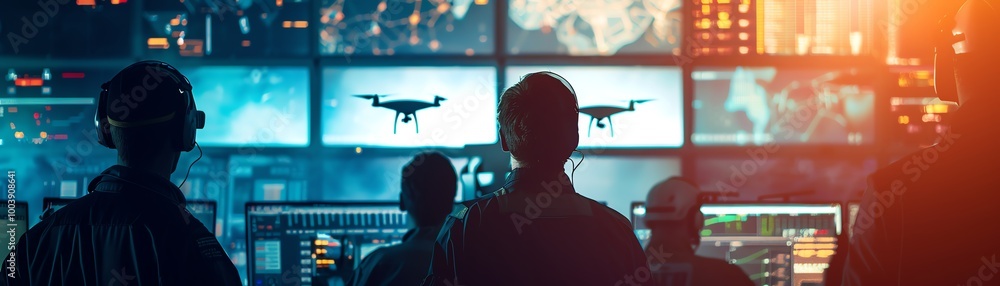 Poster a team of rescue workers using drones in disaster management