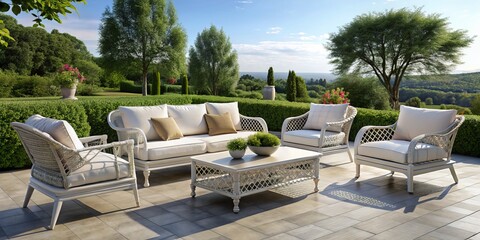 Obraz premium This sophisticated white outdoor furniture collection is ideal for patios, gardens, and relaxation spaces, providing
