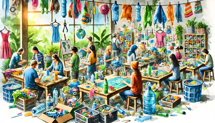 Fototapeta premium A recycled materials workshop where people are crafting with reused items, depicted in a watercolor style with hyperrealistic and vibrant colors.