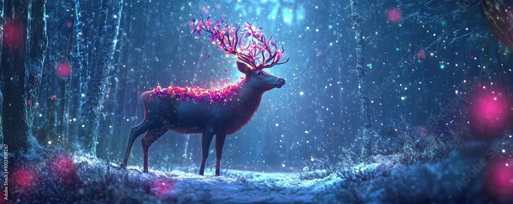 Poster a magical deer illuminated by ethereal lights in a snowy forest, creating a serene and enchanting wi
