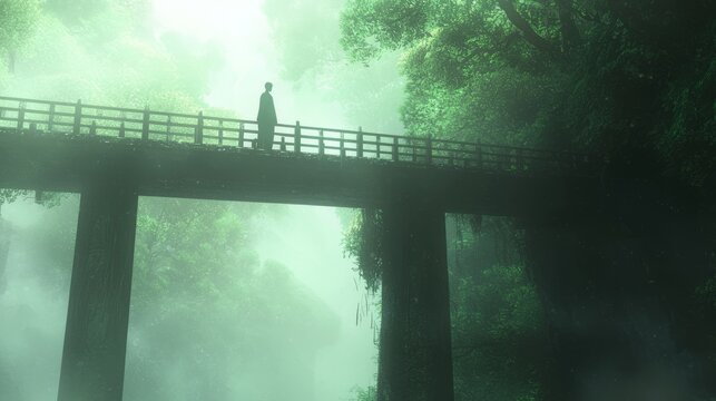 Solitude in the Shadows: Mysterious Japanese Mythical Scene of Figure on Bridge Amid Whispers