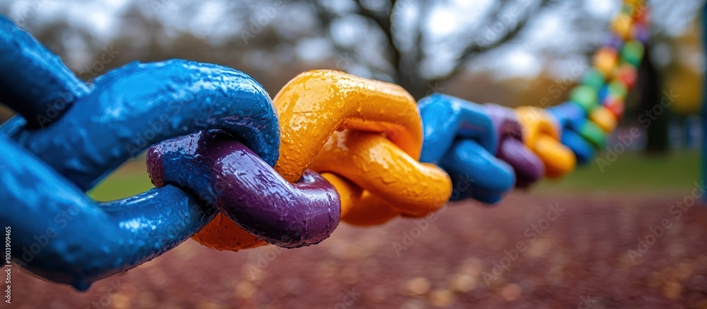 Poster colorful chain links close-up with selective focus.