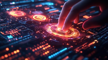 Obraz premium Digital innovation session with glowing holographic prototypes and smart tech solutions Futuristic Hologram Minimalist