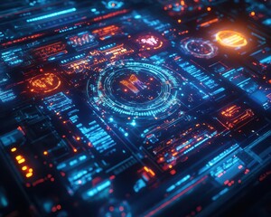 Fototapeta premium Digital marketing campaign with glowing holographic ads and social media tools Futuristic Hologram High Detail