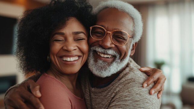 Joyful senior couple sharing a funny hug at home, celebrating love and care in their retirement, embodying happiness and bonding together.