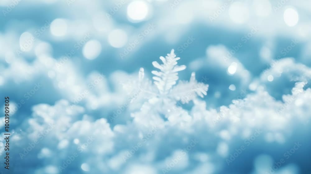 Poster single snowflake shines on snow, creating a magical winter scene with sparkling ice against a serene