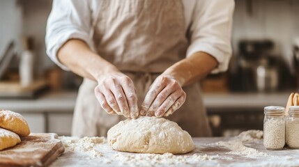 Obraz premium Local baker kneading dough, bright kitchen, clean background, minimal elements, copy space