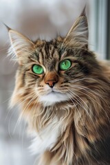  Close-up of a Fluffy Cat with Striking Green Eyes