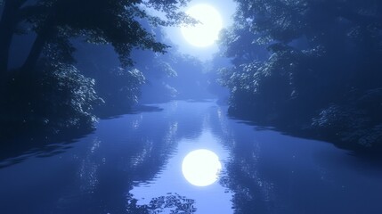 Obraz premium Moonlit Gathering of Spirits: Japanese Dark Myth Scene by the River