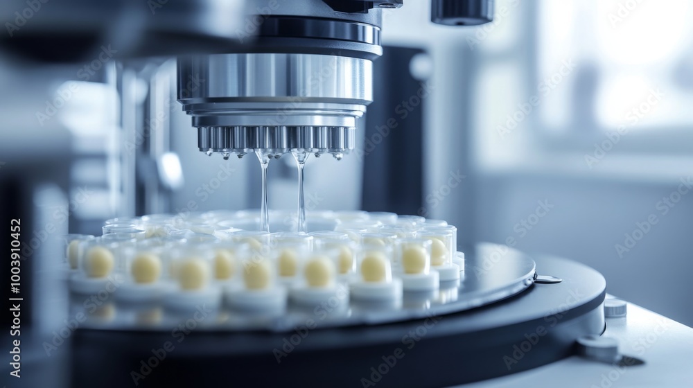 Poster A laboratory instrument is precision dispensing liquid into a series of small vials arranged in a circular configuration, highlighting a moment of chemical analysis in a modern lab setting.