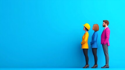 Obraz premium Three stylish individuals stand in front of a vibrant blue background, showcasing diverse fashion choices and confident postures.