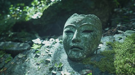 Fototapeta premium Eerie Japanese Myth: Cursed Mask on Stone Altar with Haunting Shadows