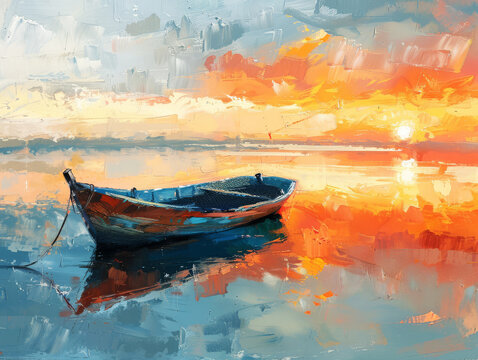A serene boat resting on calm waters under a vibrant sunset with rich hues reflecting off the surface