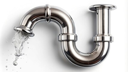 Leaking water from stainless steel sink pipe on isolated white background bird eye view