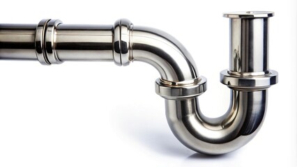 Leaking water from stainless steel sink pipe on isolated white background Wide-Angle