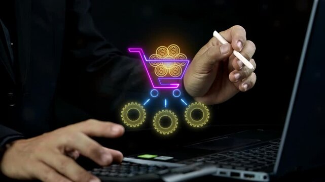 Cost Structure concept, the aggregate of the various types of costs, fixed and variable, that make up a business' overall expenses. Businessman shows Cost Structure icon on virtual screen.