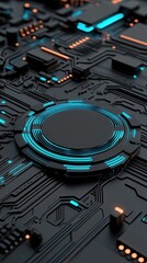 Fototapeta premium A glowing hologram rests on a detailed digital circuit board, surrounded by intricate tech patterns and bright lights, showcasing stunning hyperrealism