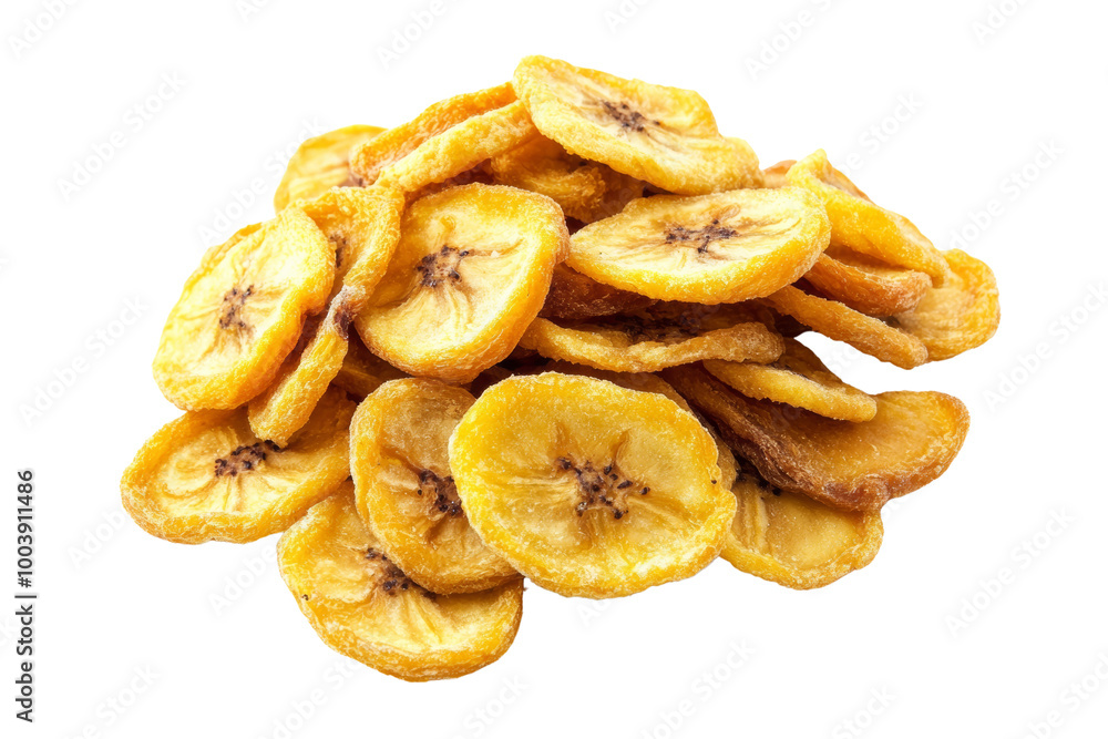 Poster pile of golden dried banana chips ,isolated on transparent background