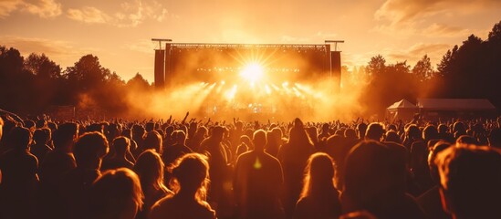 Large crowd at a music festival with the sun setting in the background.