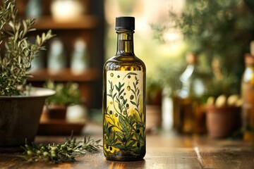 rustic olive label, a custom oil bottle label with a rustic look, showcasing hand-drawn olive branches and vibrant green and gold hues