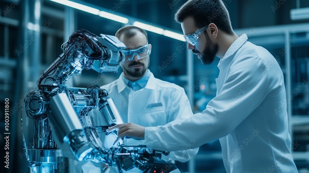 Poster researchers in lab working collaboratively with advanced robotic arm technology during an experiment
