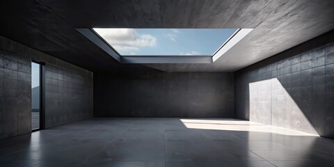 Obraz premium Minimalist gray room with a skylight casting shadows.