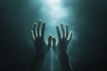 Transparent hands reaching up towards the light in a dark room