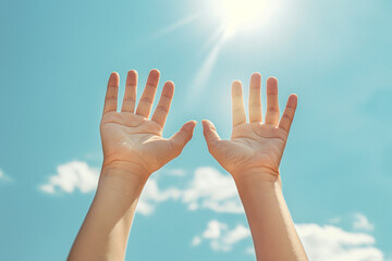 Transparent hands reaching up against a blue sky