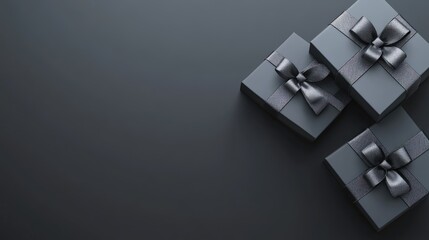 Three sophisticated black gift boxes tied with dark ribbons are artfully placed on a dark background, perfect for holiday gifts or special occasions like Black Friday