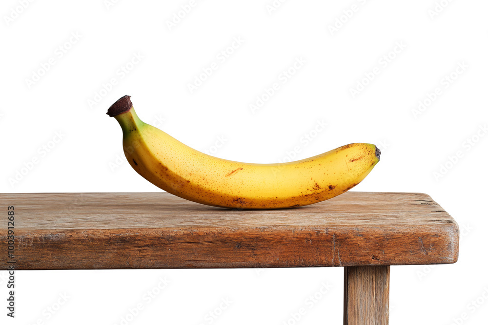 Poster Single banana resting on a wooden table with natural grain ,Isolated on transparent background