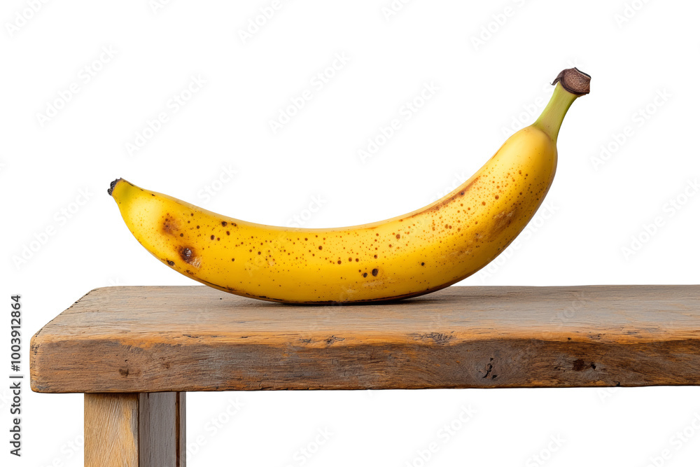 Poster Single banana resting on a wooden table with natural grain ,Isolated on transparent background
